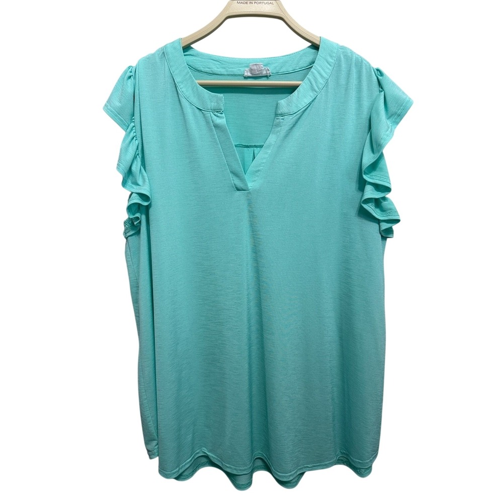 Chic Soul (Aqua) Ruffle Sleeve Split Neck Top Womens XL